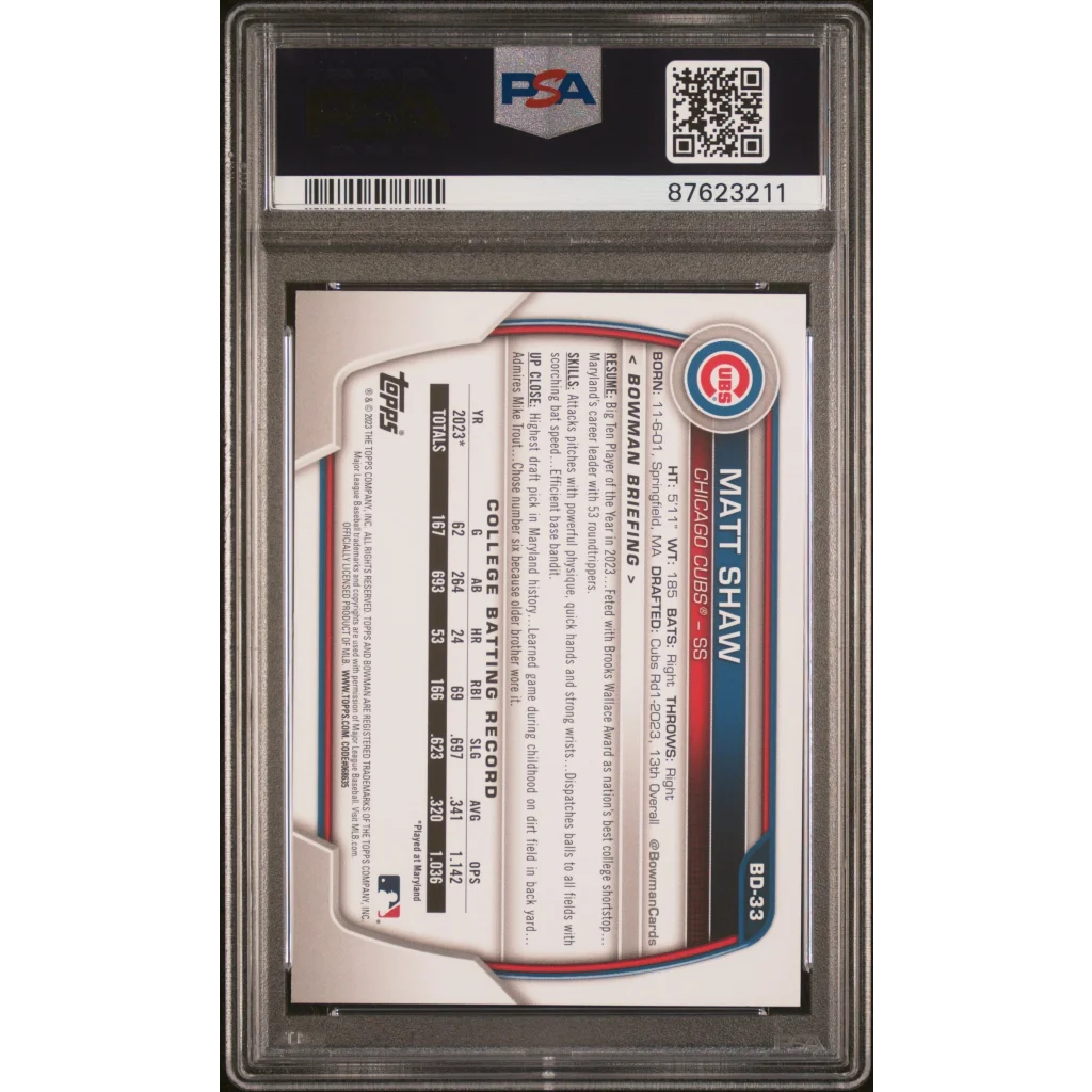 Back of a graded PSA 2023 Bowman Draft Matt Shaw Baseball Card in protective slab