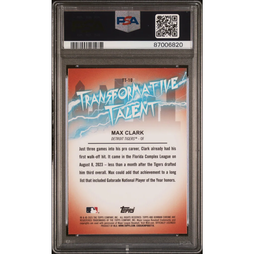 Graded 2023 Topps Bowman Draft Max Clark #TT10 Transformative Talent Rookie RC Baseball Card PSA 10 Gem Mint | PSA 10 Gem Mint Graded Rookie Card | vintageantiquesgifts.com