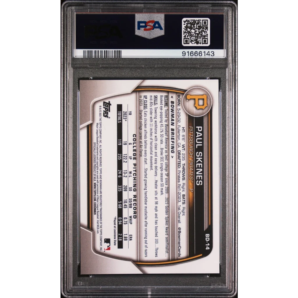 Graded 2023 Topps Bowman Draft Paul Skenes #BD14 Rookie RC Baseball Card PSA 9 Mint | PSA 9 Mint Graded Rookie Card | vintageantiquesgifts.com