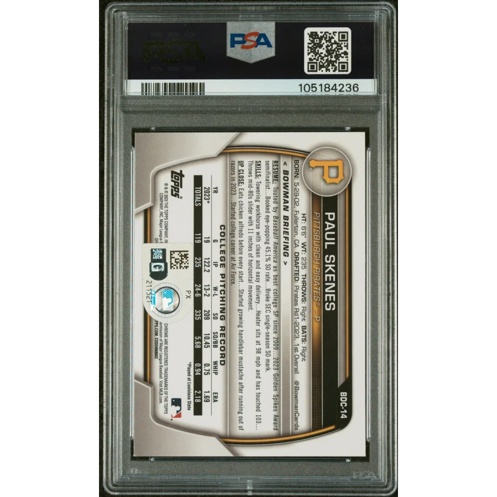Graded 2023 Topps Bowman Draft Paul Skenes #BDC14 Chrome Rookie RC Baseball Card PSA 10 Auto Grade Gem Mint | PSA 10 Gem Mint Graded Rookie Card | vintageantiquesgifts.com