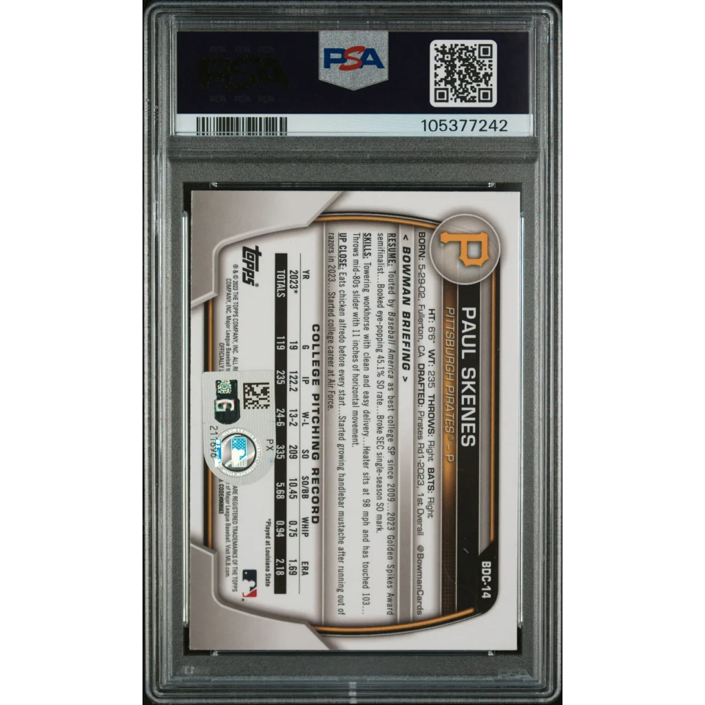 Graded Paul Skenes 2023 Bowman Chrome Autograph Baseball Card in PSA holder
