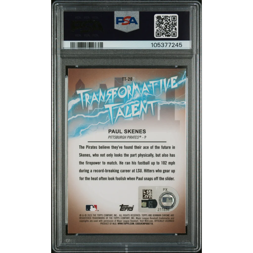 Graded Paul Skenes baseball card with gold auto on PSA Transformative Talent Lightning Card