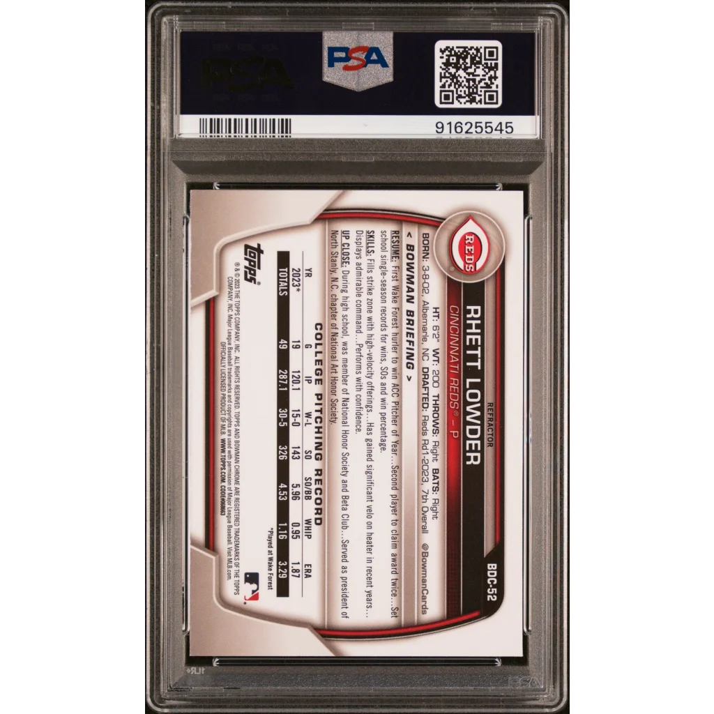 Graded 2023 Topps Bowman Draft Rhett Lowder #BDC52 Chrome Refractor Rookie RC Baseball Card PSA 10 Gem Mint | PSA 10 Gem Mint Graded Rookie Card | vintageantiquesgifts.com