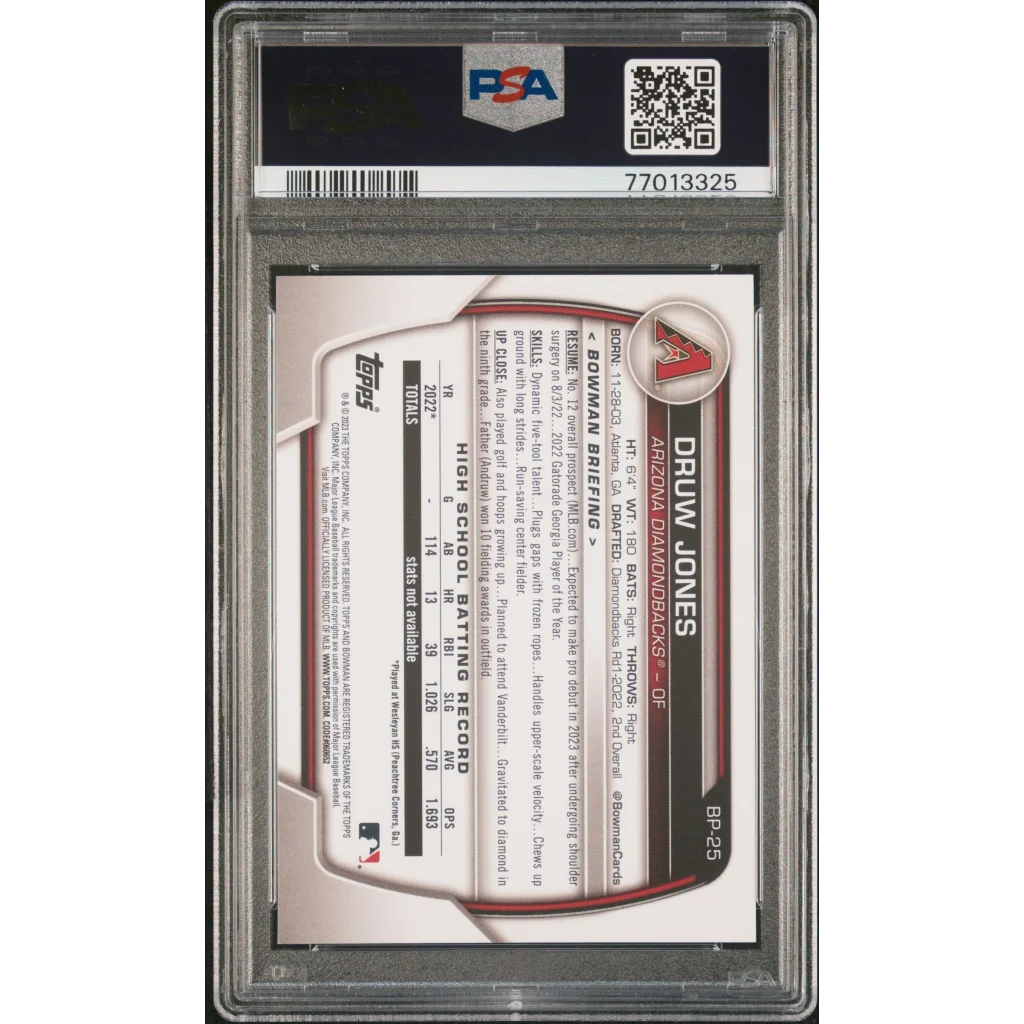 Graded PSA 10 2023 Topps Bowman Druw Jones #BP25 Rookie Card in Slab