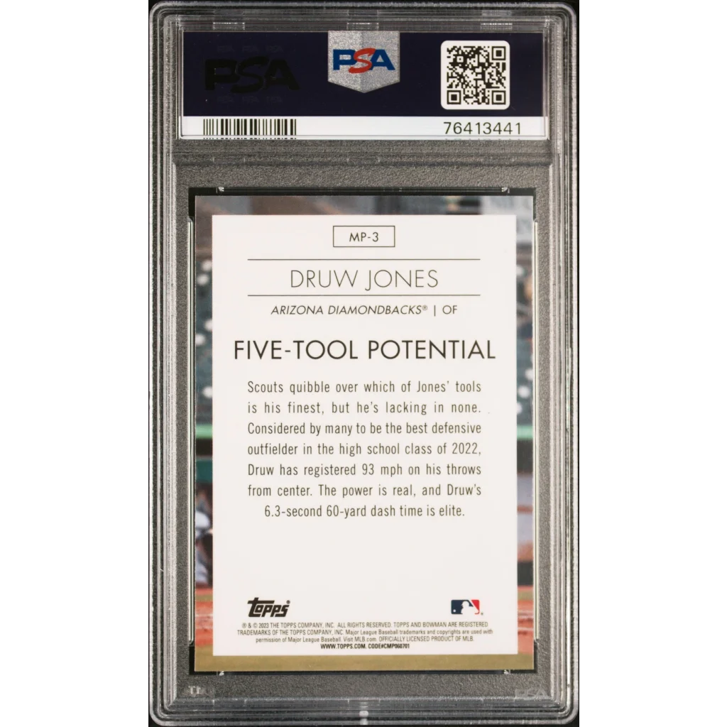 Graded Druw Jones Baseball Card in PSA Historic Collectible Gem packaging