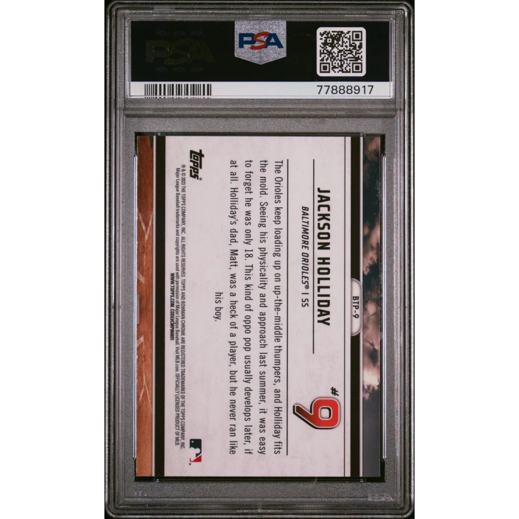 Graded 2023 Topps Bowman Jackson Holliday #BTP9 Scouts Top 100 Rookie RC Baseball Card PSA 10 Gem Mint | PSA 10 Gem Mint Graded Rookie Card | vintageantiquesgifts.com