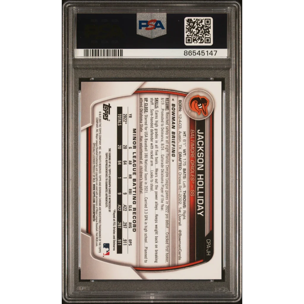Graded Jackson Holliday Bowman baseball card with auto in PSA case