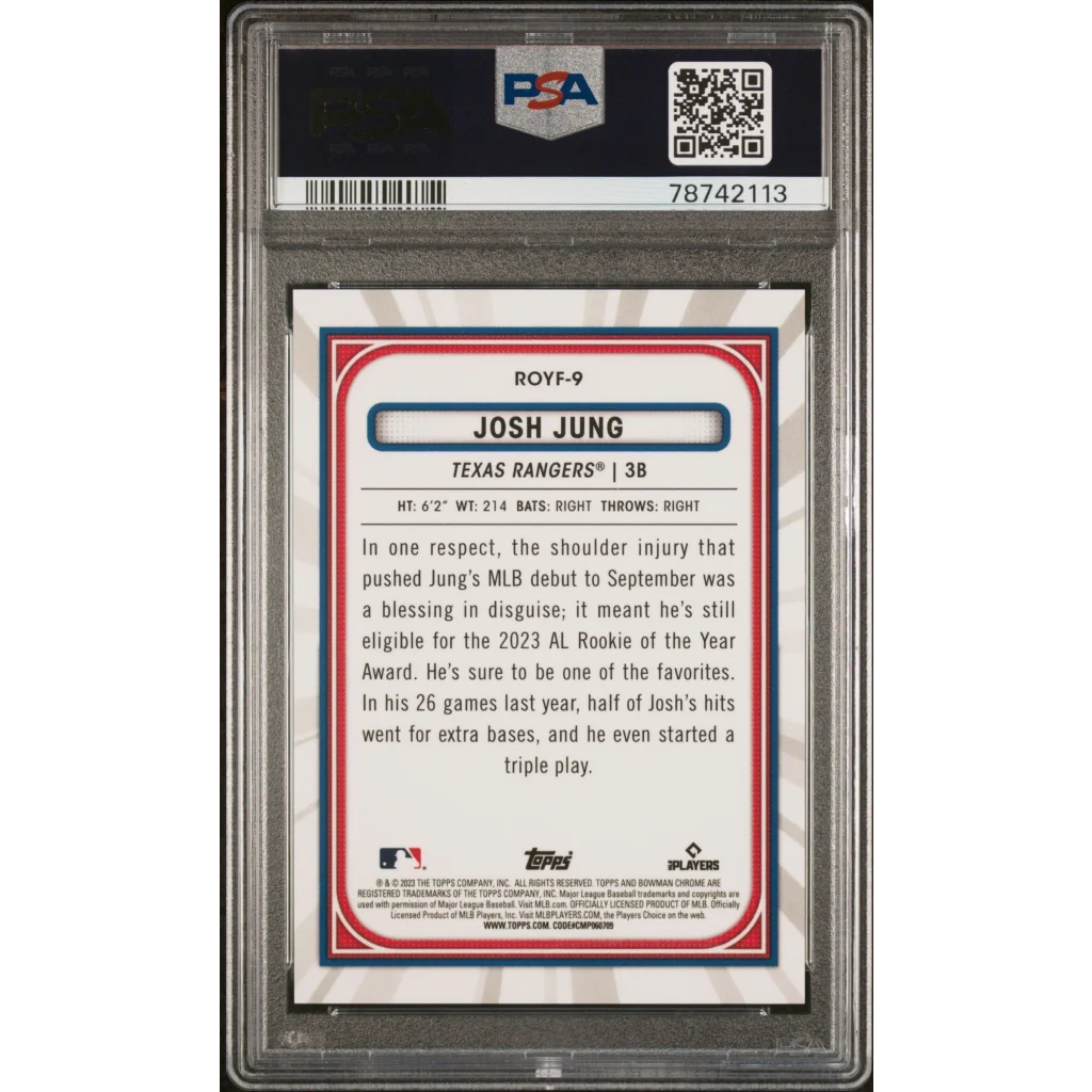 Graded PSA 10 Josh Jung 2023 Bowman Aqua Refractor Rookie Card on display