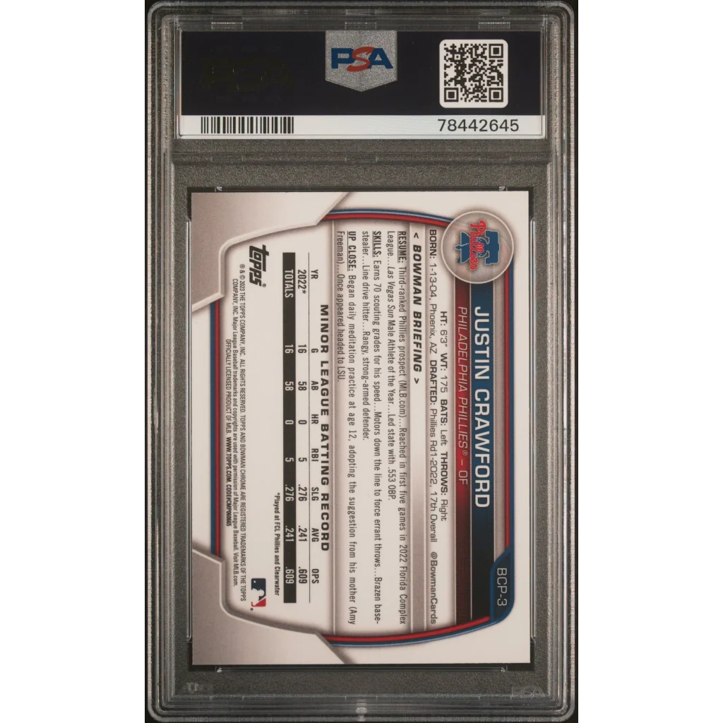 Graded PSA 10 Justin Crawford 2023 Bowman Chrome Prospects baseball trading card
