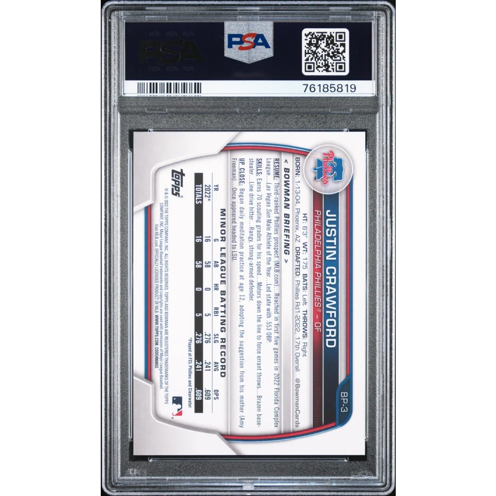 Graded Justin Crawford baseball card PSA 10 by professional sports authenticator