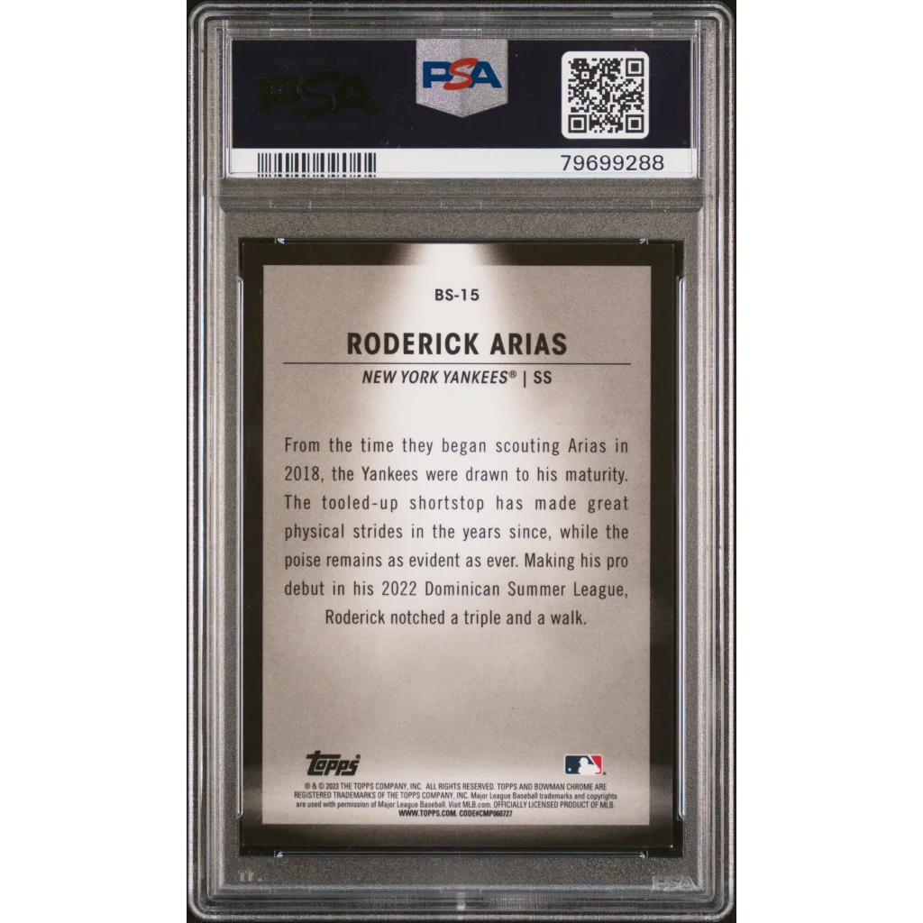 Graded 2023 Topps Bowman Roderick Arias #BS15 Spotlights Aqua Refractor #/125 Rookie RC Baseball Card PSA 10 Gem Mint | PSA 10 Gem Mint Graded Rookie Card | vintageantiquesgifts.com