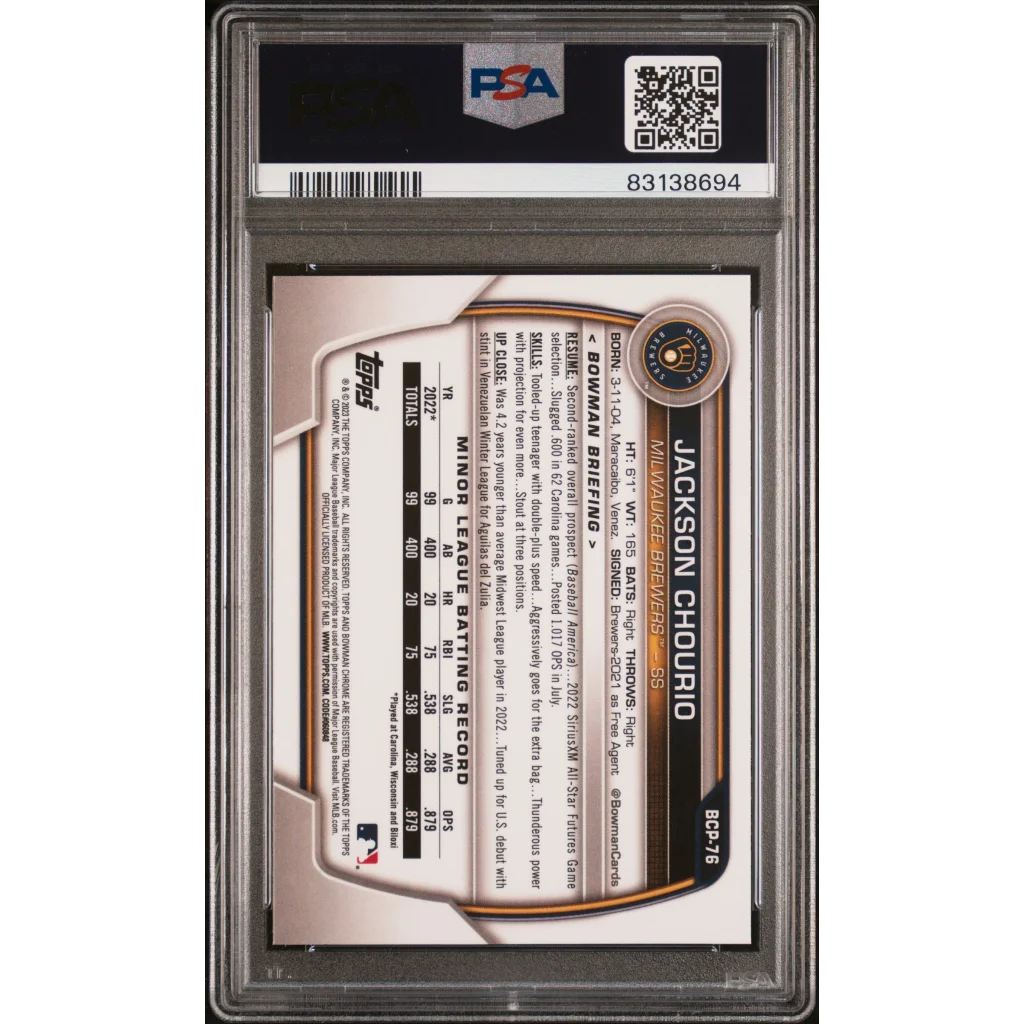 Graded 2023 Topps Bowman Sapphire Jackson Chourio #BCP76 Chrome Prospects Rookie RC Baseball Card PSA 10 Gem Mint | PSA 10 Gem Mint Graded Rookie Card | vintageantiquesgifts.com