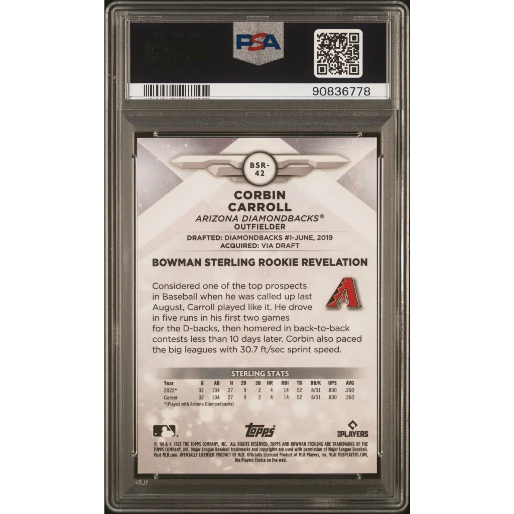 A graded PSA 10 Gem Mint Corbin Carroll 2023 Bowman Sterling Baseball Card