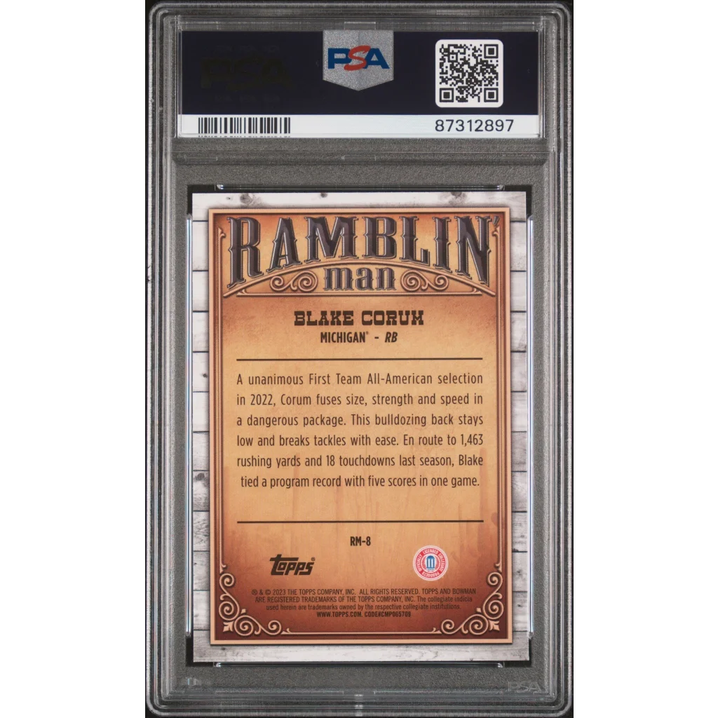 Graded 2023 Topps Bowman U Chrome Blake Corum #RM8 Ramblin Man Rookie RC Football Card PSA 10 Gem Mint | PSA 10 Gem Mint Graded Rookie Card | vintageantiquesgifts.com