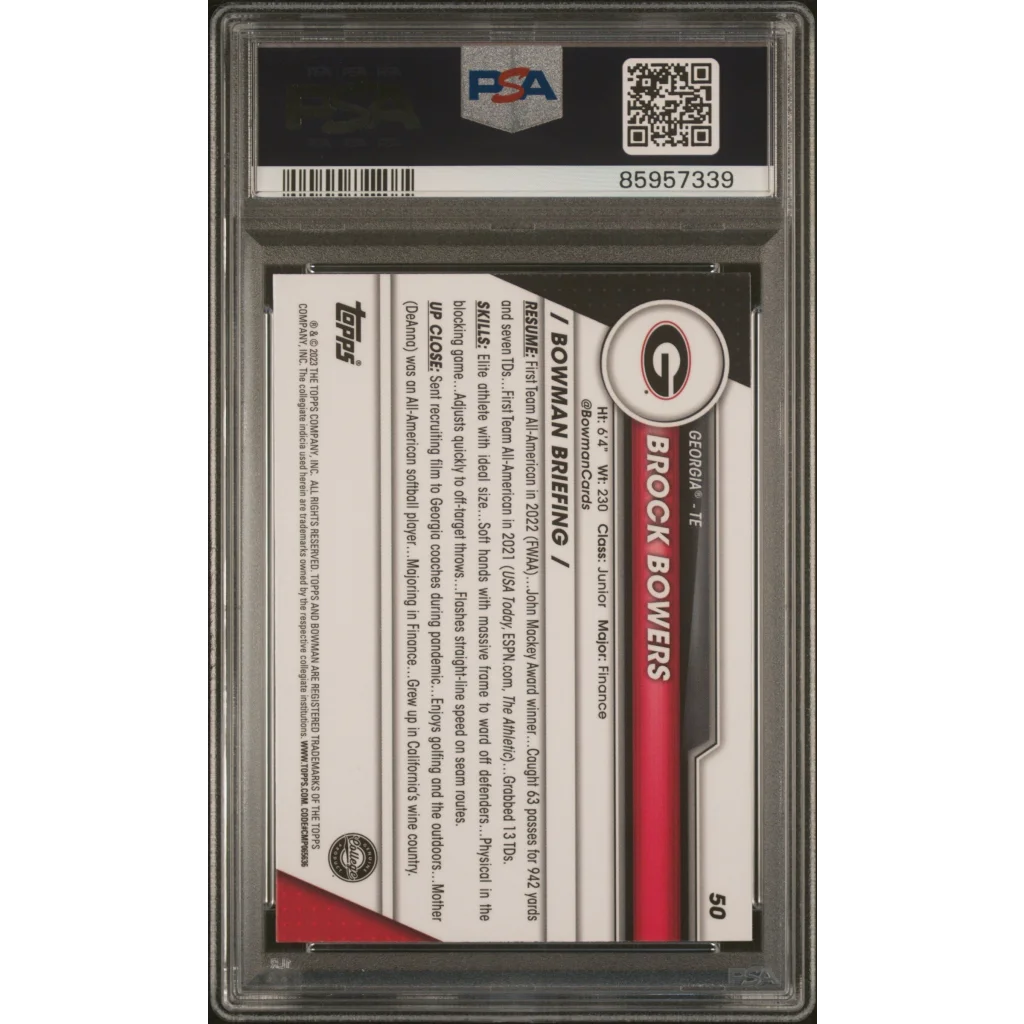 PSA graded 2023 Bowman Chrome Brock Bowers rookie football card on display