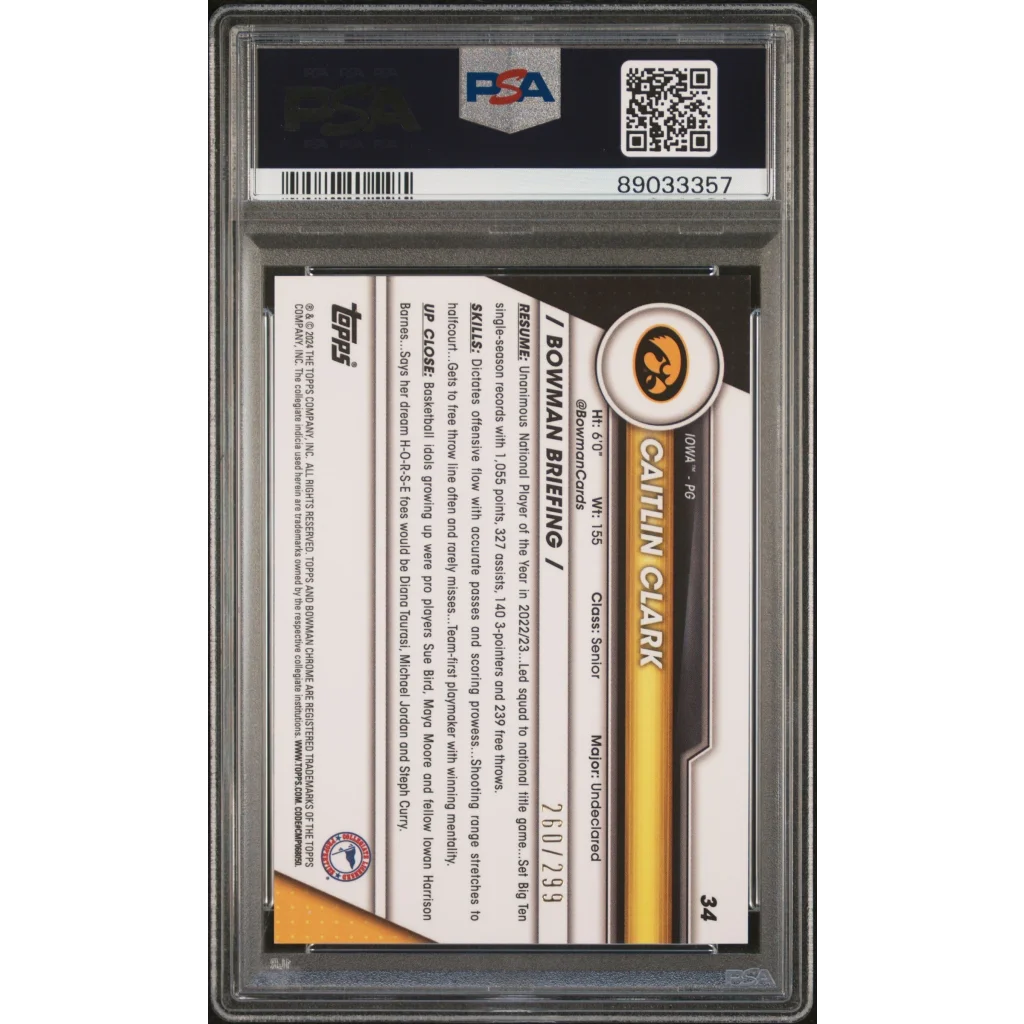 PSA Graded Caitlin Clark Bowman Chrome Aqua Basketball Card for collectors