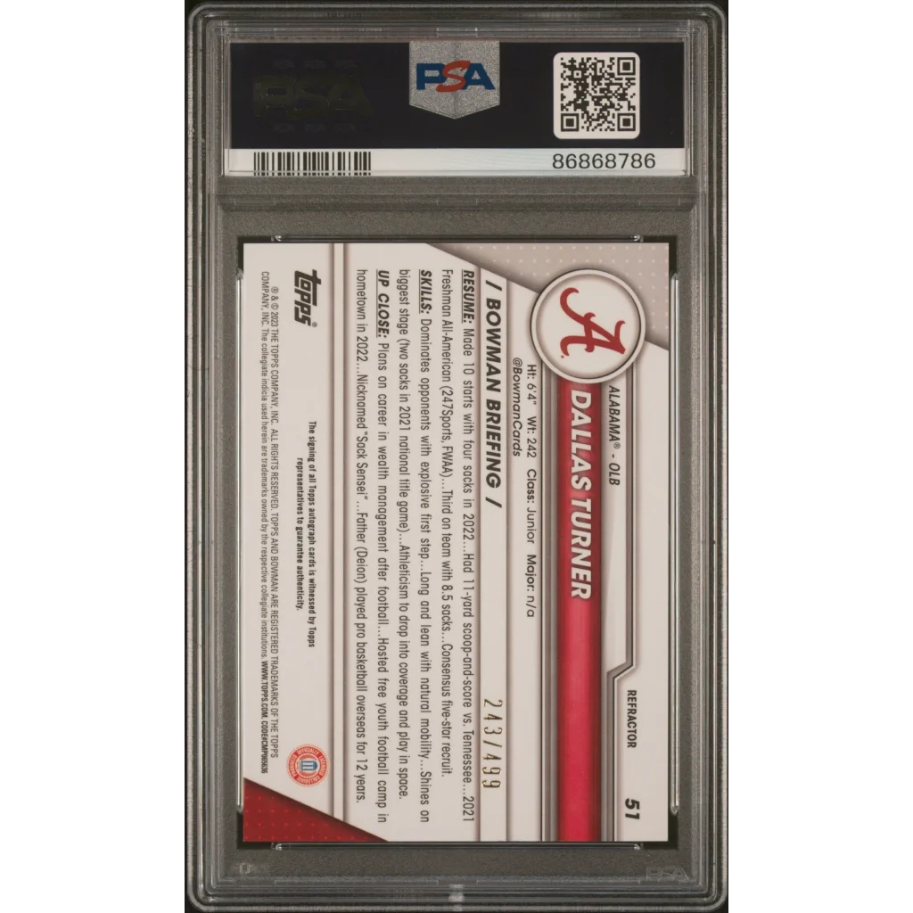 Graded 2023 Topps Bowman U Chrome Dallas Turner #51 Auto Refractor #/499 Rookie RC Football Card PSA 10 | PSA 10 Gem Mint Graded Rookie Card | vintageantiquesgifts.com