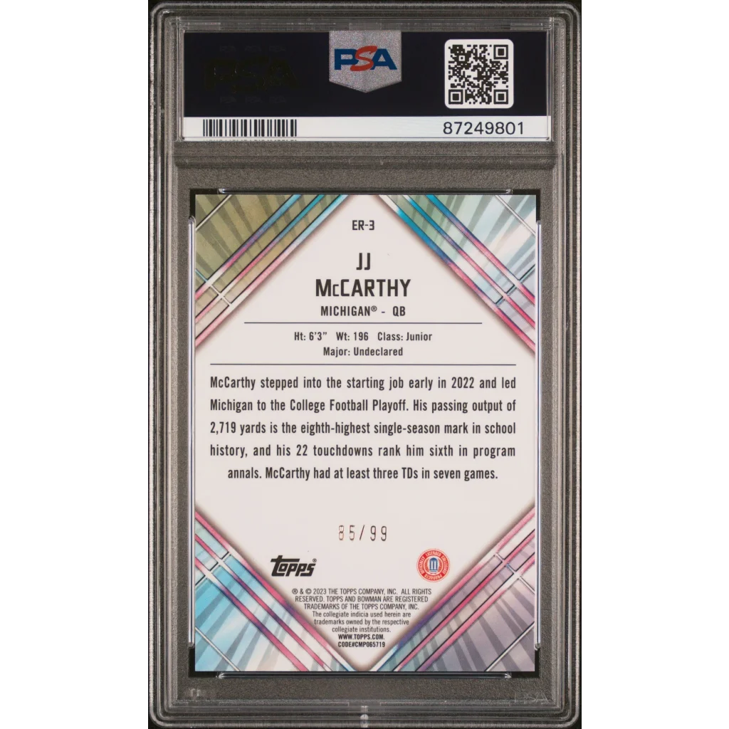 PSA graded JJ McCarthy 2023 Bowman Chrome Football Card showing quality trading card