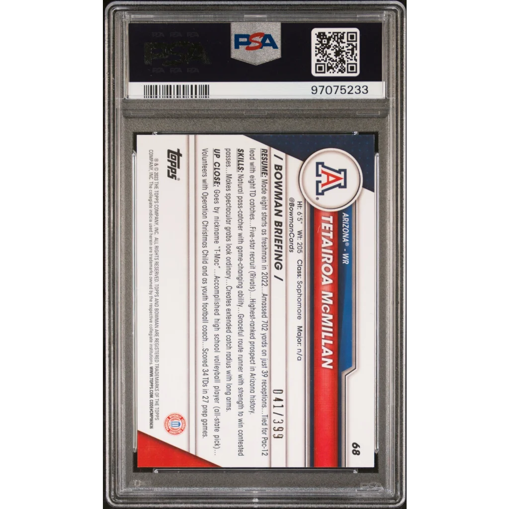 Graded 2023 Topps Bowman U Chrome Tetairoa McMillan #68 Purple Mini Diamond Refractor #/399 Rookie RC Football Card PSA 10 Gem Mint | PSA 10 Gem Mint Graded Rookie Card | vintageantiquesgifts.com