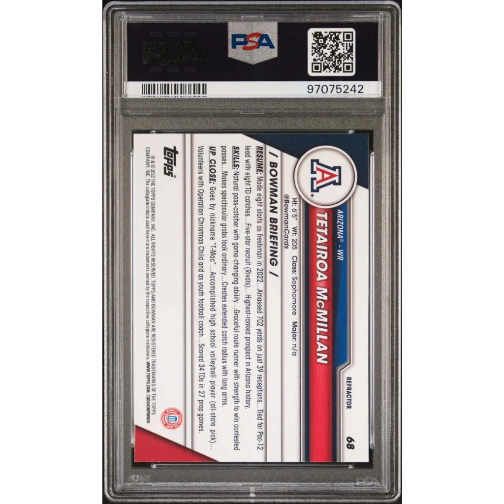 A graded T McMillan 2023 Bowman Chrome Refractor football trading card displayed in a product image