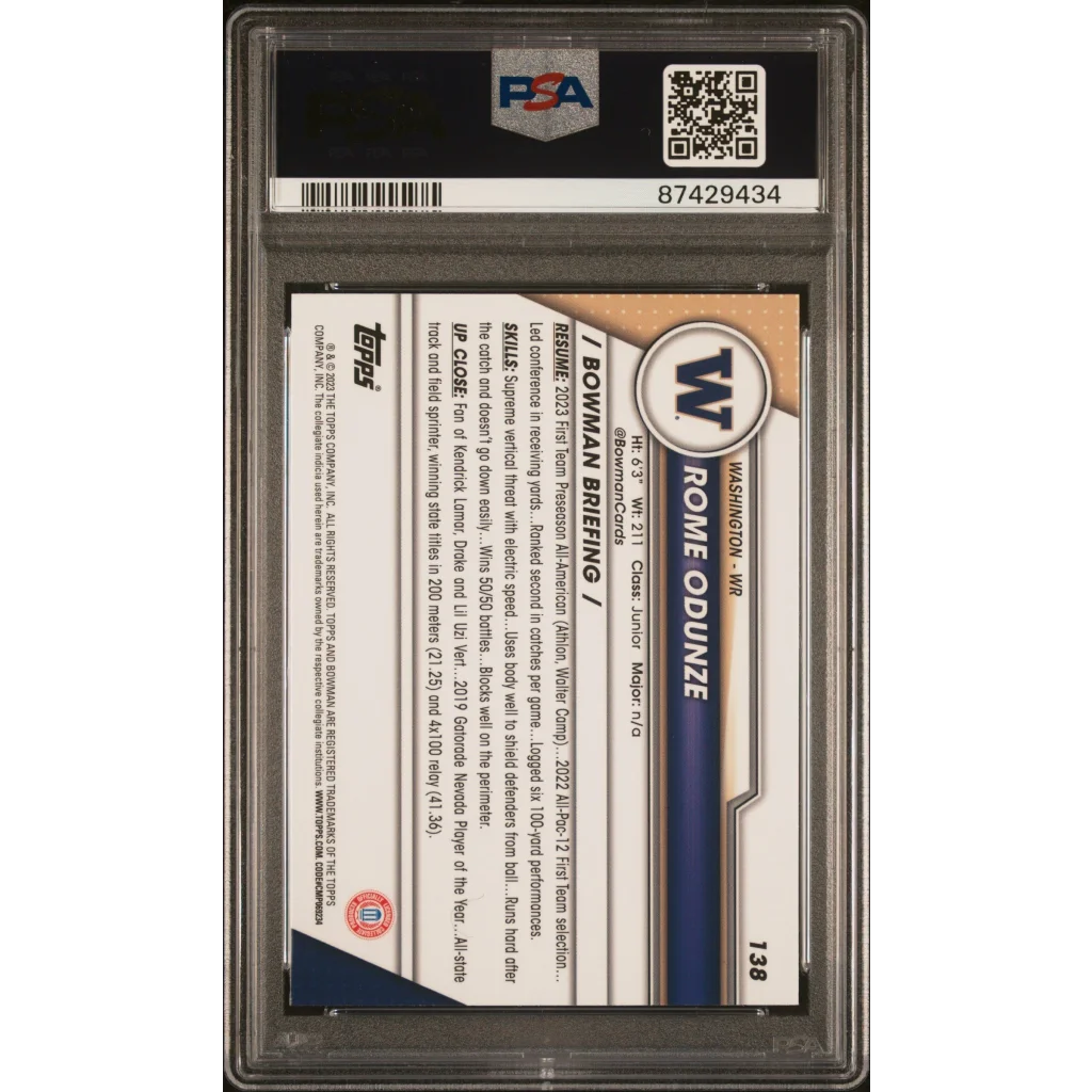 Graded 2023 Topps Bowman U Sapphire Rome Odunze #138 Rookie RC Football Card PSA 10 Gem Mint | PSA 10 Gem Mint Graded Rookie Card | vintageantiquesgifts.com