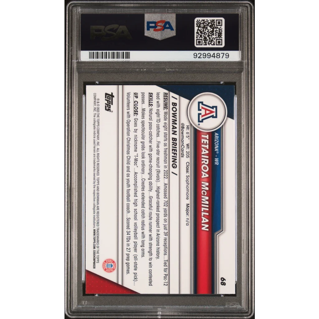 Sapphire Tetairoa McMillan rookie card in PSA graded protective slab showcasing its condition