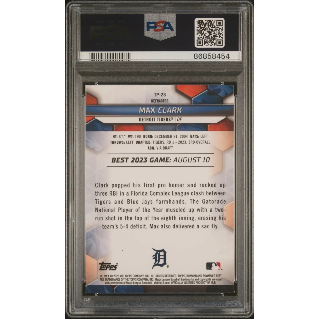 Graded Max Clark baseball card in perfect condition showcasing the card’s condition