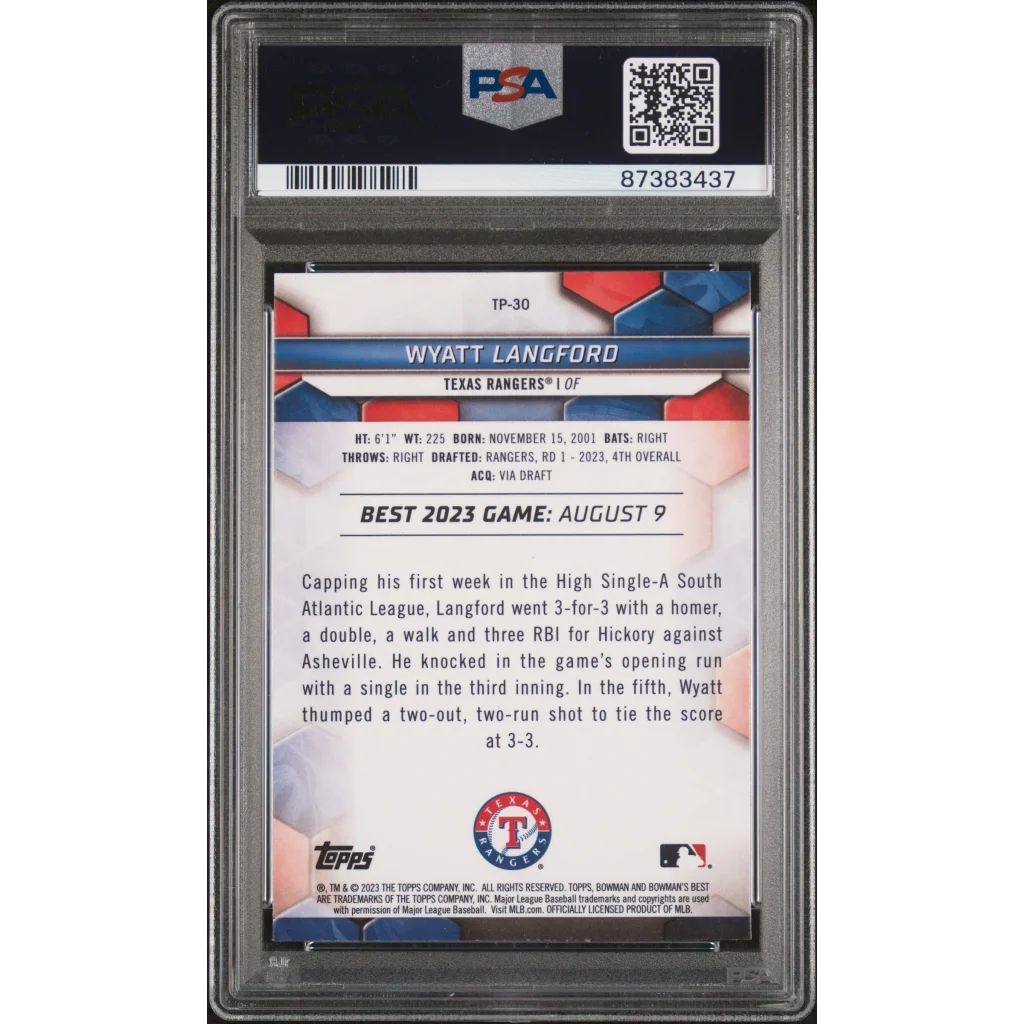 Graded 2023 Topps Bowmans Best Wyatt Langford #TP30 Top Prospects Rookie RC Baseball Card PSA 10 Gem Mint | PSA 10 Gem Mint Graded Rookie Card | vintageantiquesgifts.com