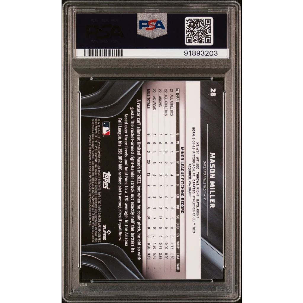 PSA graded Mason Miller Oakland Athletics baseball card on display
