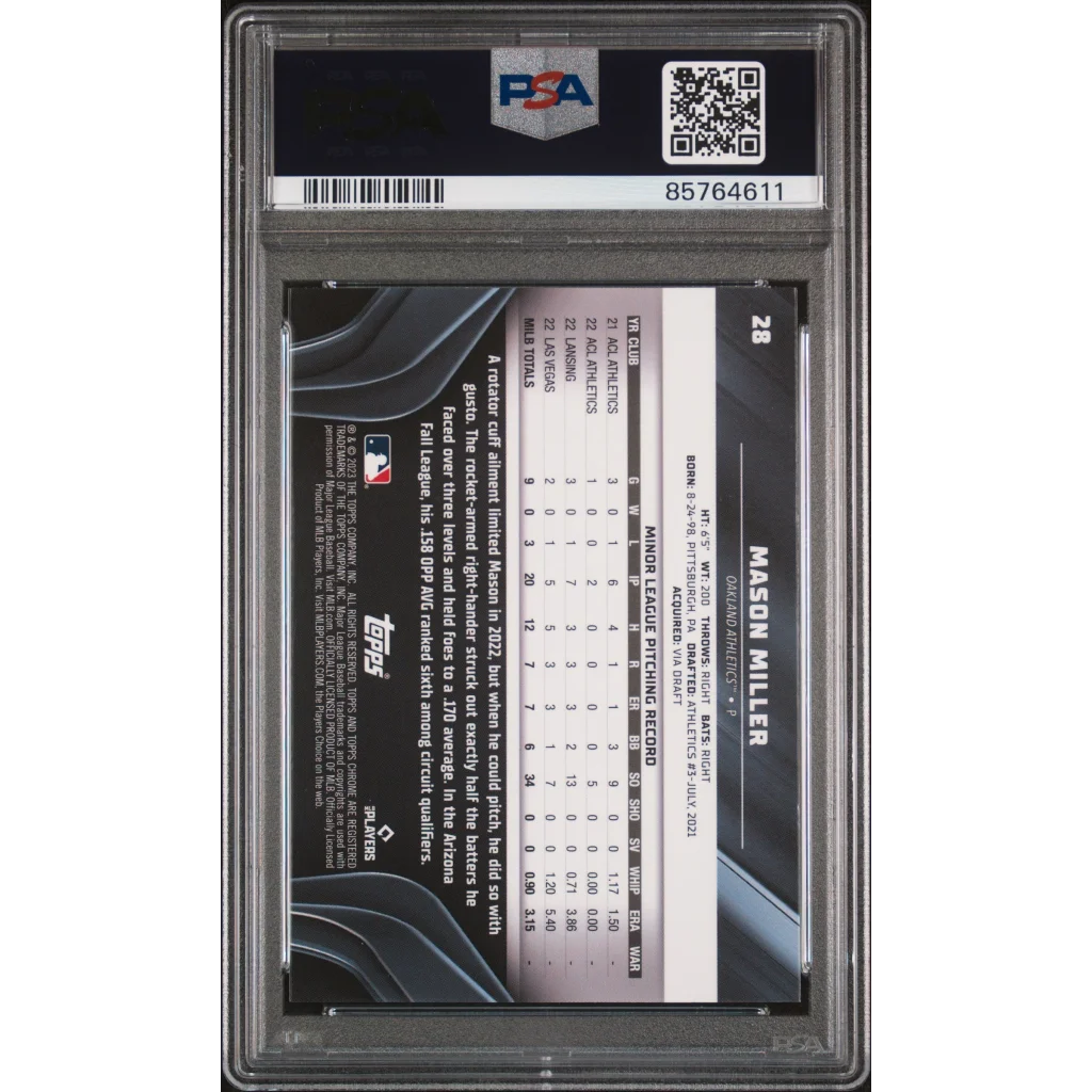 Graded Mason Miller 2023 Topps Chrome Black Baseball Card in PSA holder