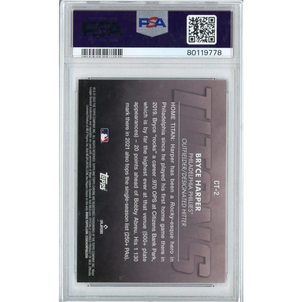 Graded 2023 Topps Chrome Bryce Harper #CT2 Titans Baseball Card PSA 10 Gem Mint | PSA 10 Gem Mint Graded Baseball Card | vintageantiquesgifts.com