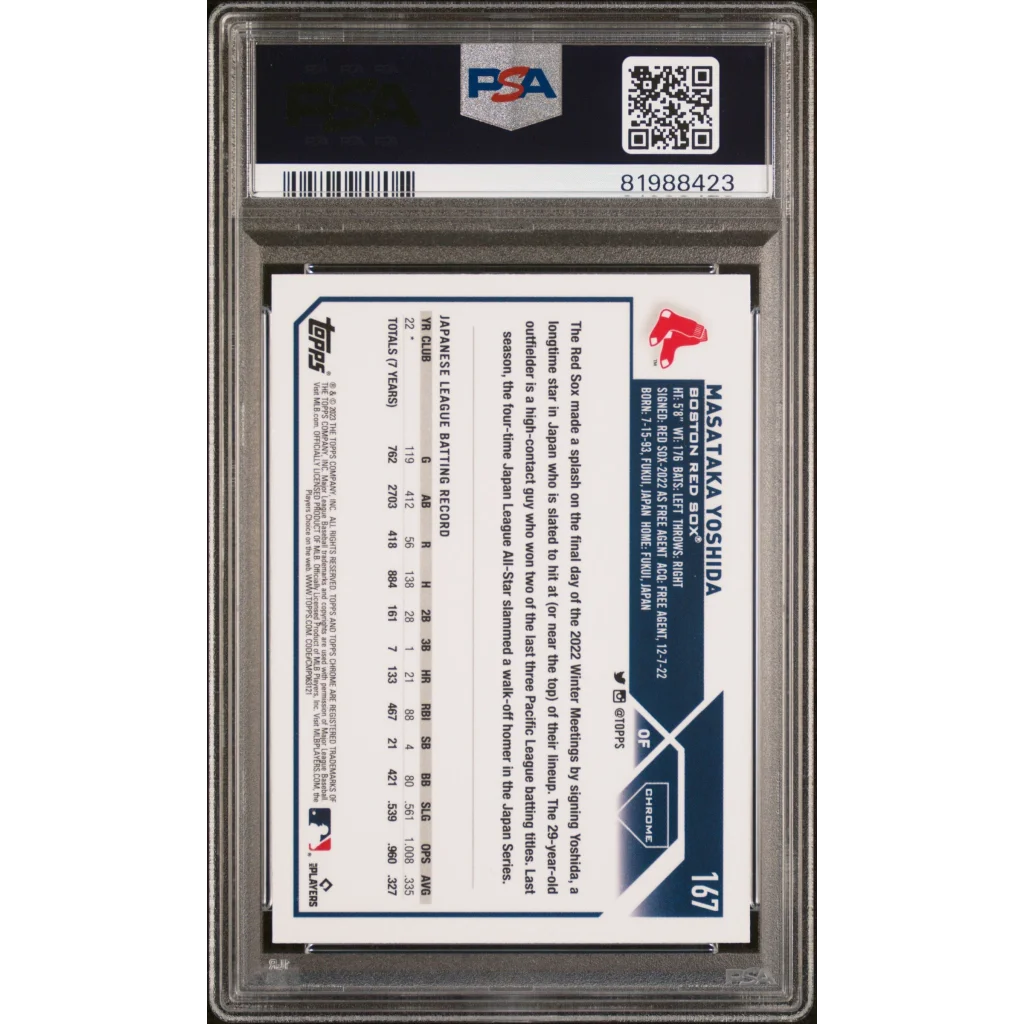 Graded 2023 Topps Chrome Masataka Yoshida #167 Rookie RC Baseball Card PSA 10 Gem Mint | PSA 10 Gem Mint Graded Rookie Card | vintageantiquesgifts.com
