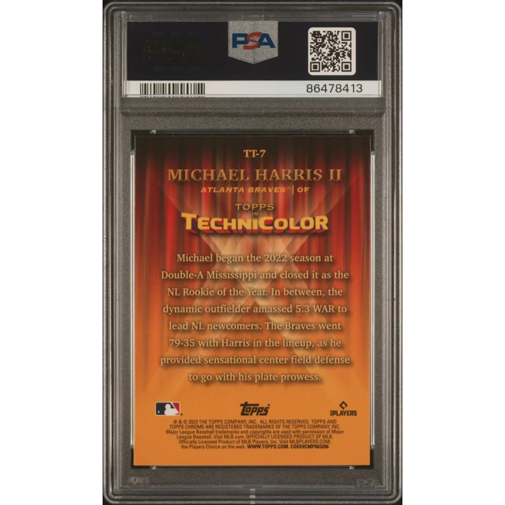 A graded Michael Harris II 2023 Topps Chrome Rookie Card in PSA case
