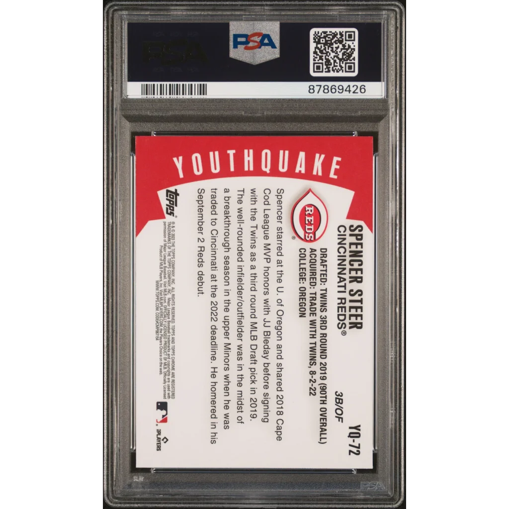 Graded 2023 Topps Chrome Spencer Steer #YQ72 Youthquake Rookie RC Baseball Card PSA 10 Gem Mint | PSA 10 Gem Mint Graded Rookie Card | vintageantiquesgifts.com