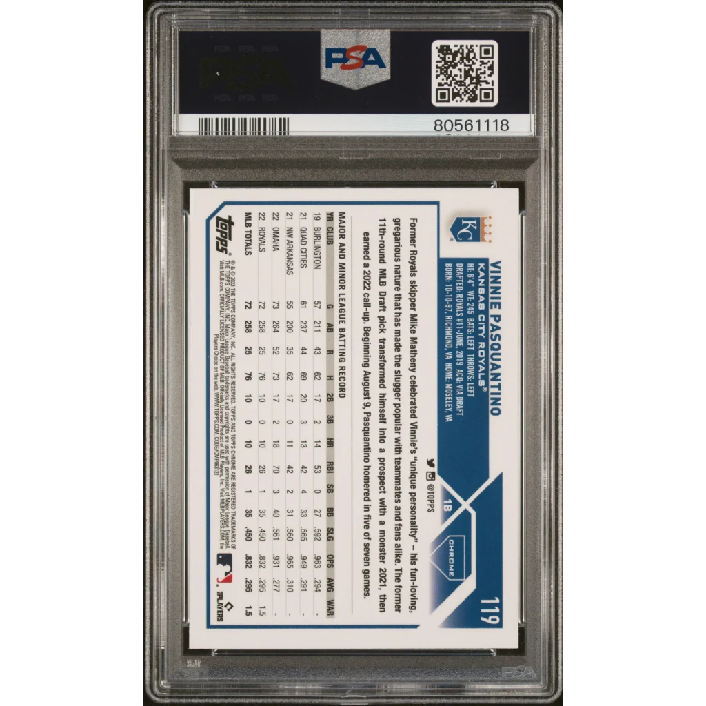 Graded PSA 10 Vinnie Pasquantino 2023 Topps Chrome Gem Mint Card