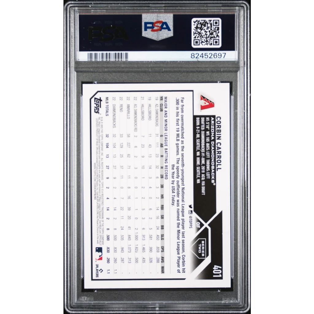 PSA graded 2023 Topps Corbin Carroll Gold Star baseball card on display