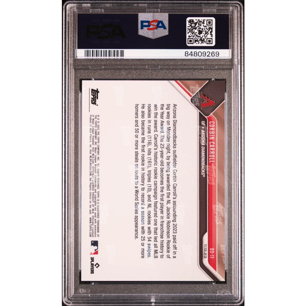Graded 2023 Topps Now Corbin Carroll baseball card in PSA holder