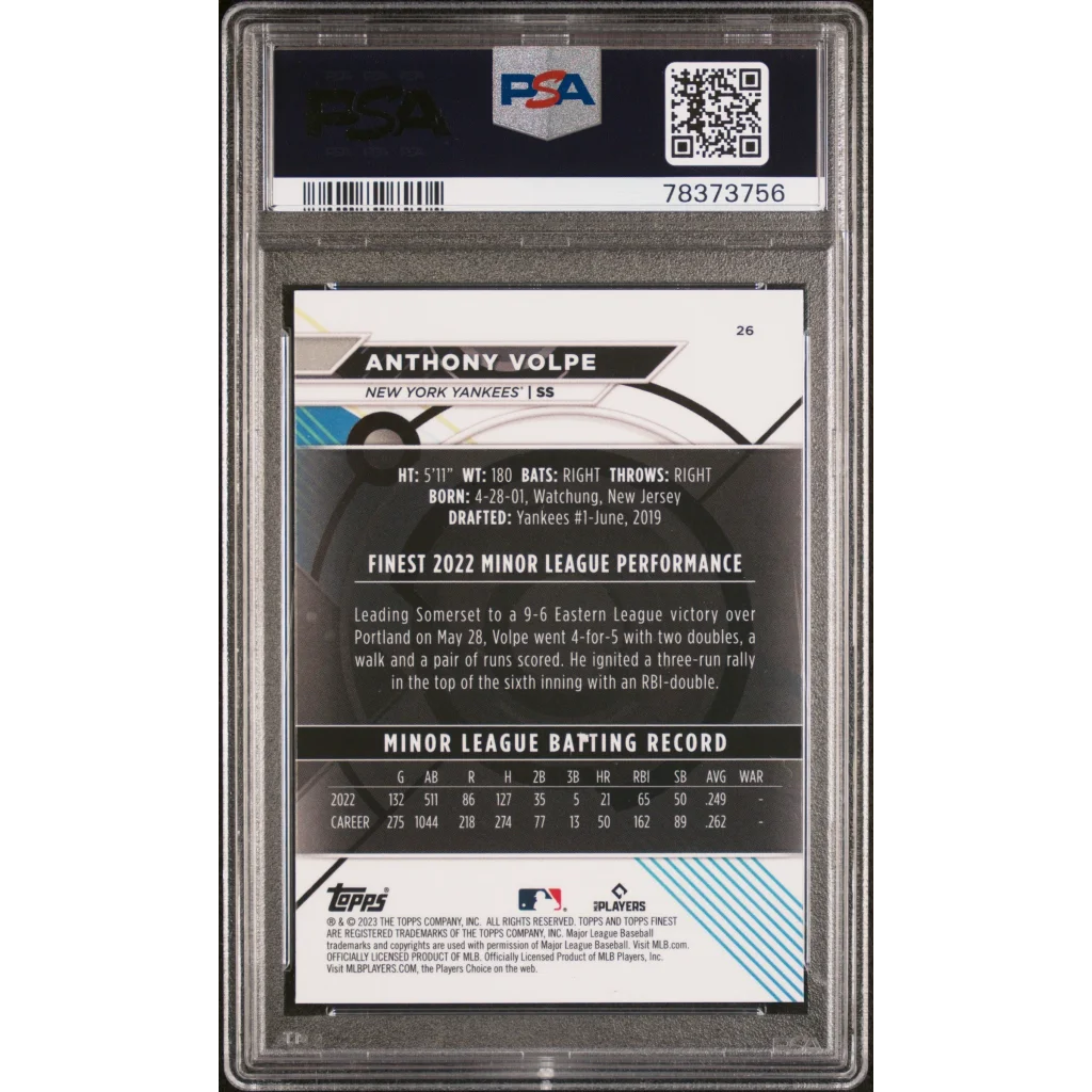 Graded Anthony Volpe 2023 Finest Rookie Card PSA 10 GEM MINT on display
