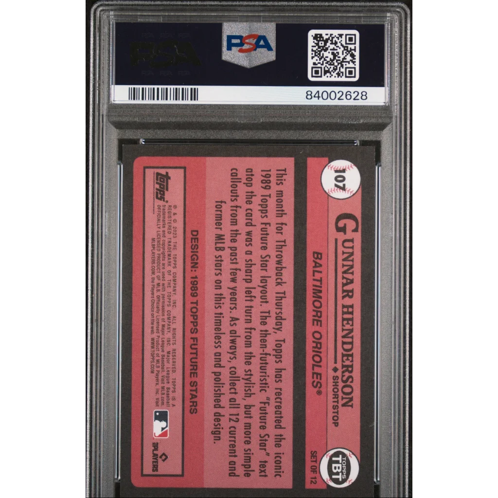Baseball card of Gunnar Henderson in PSA graded slab from 2023 Topps collection