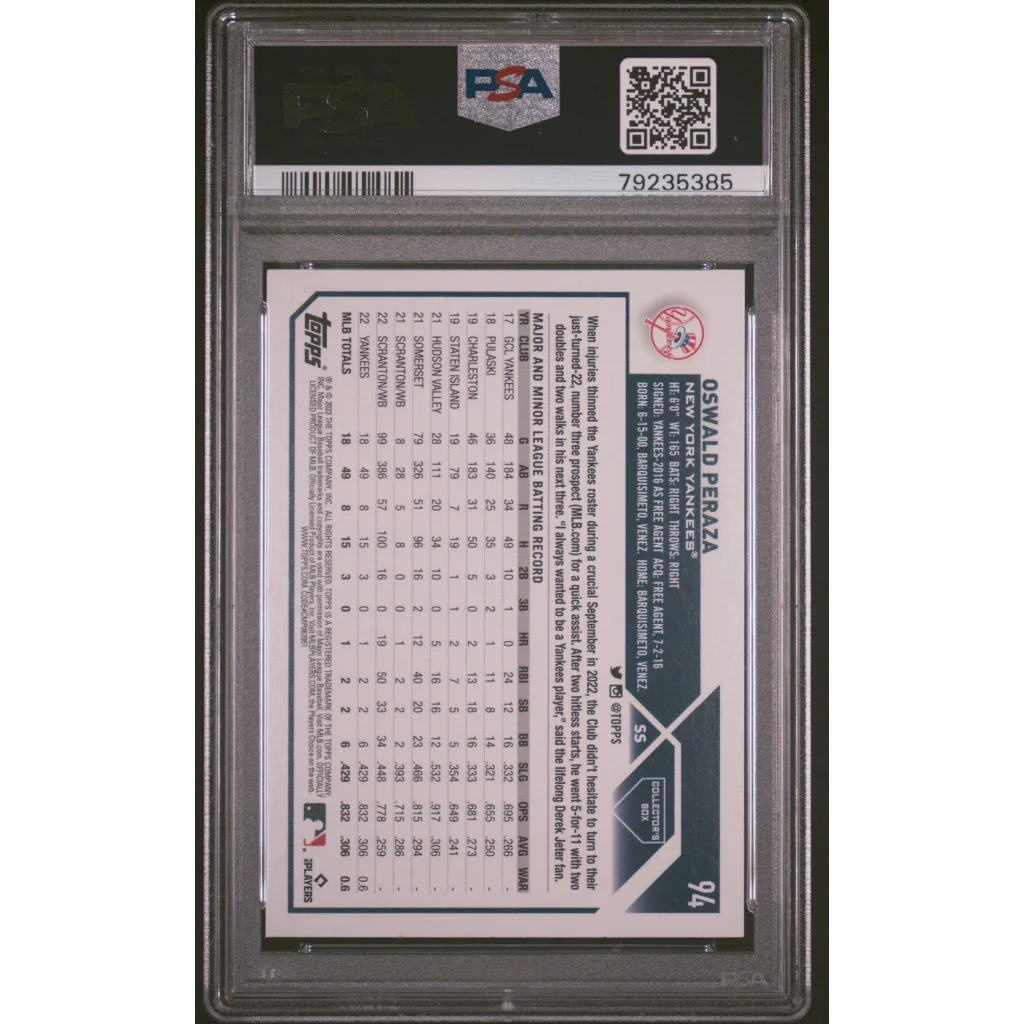 PSA 10 Graded 2023 Topps Oswald Peraza #94 Silver Foil Rookie Card Slab