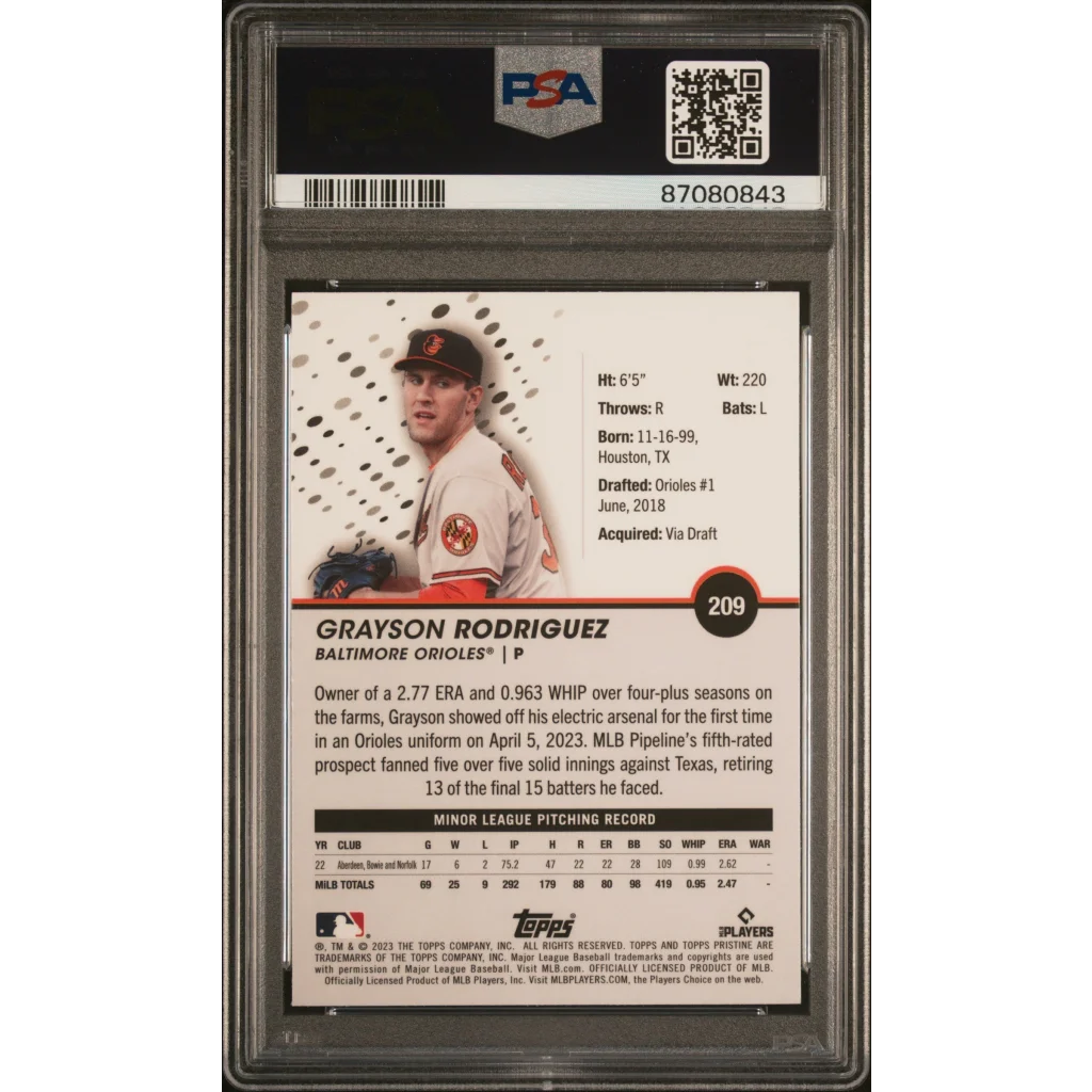 Graded PSA 10 Gem Mint 2023 Topps Pristine Grayson Rodriguez #209 Rookie Card