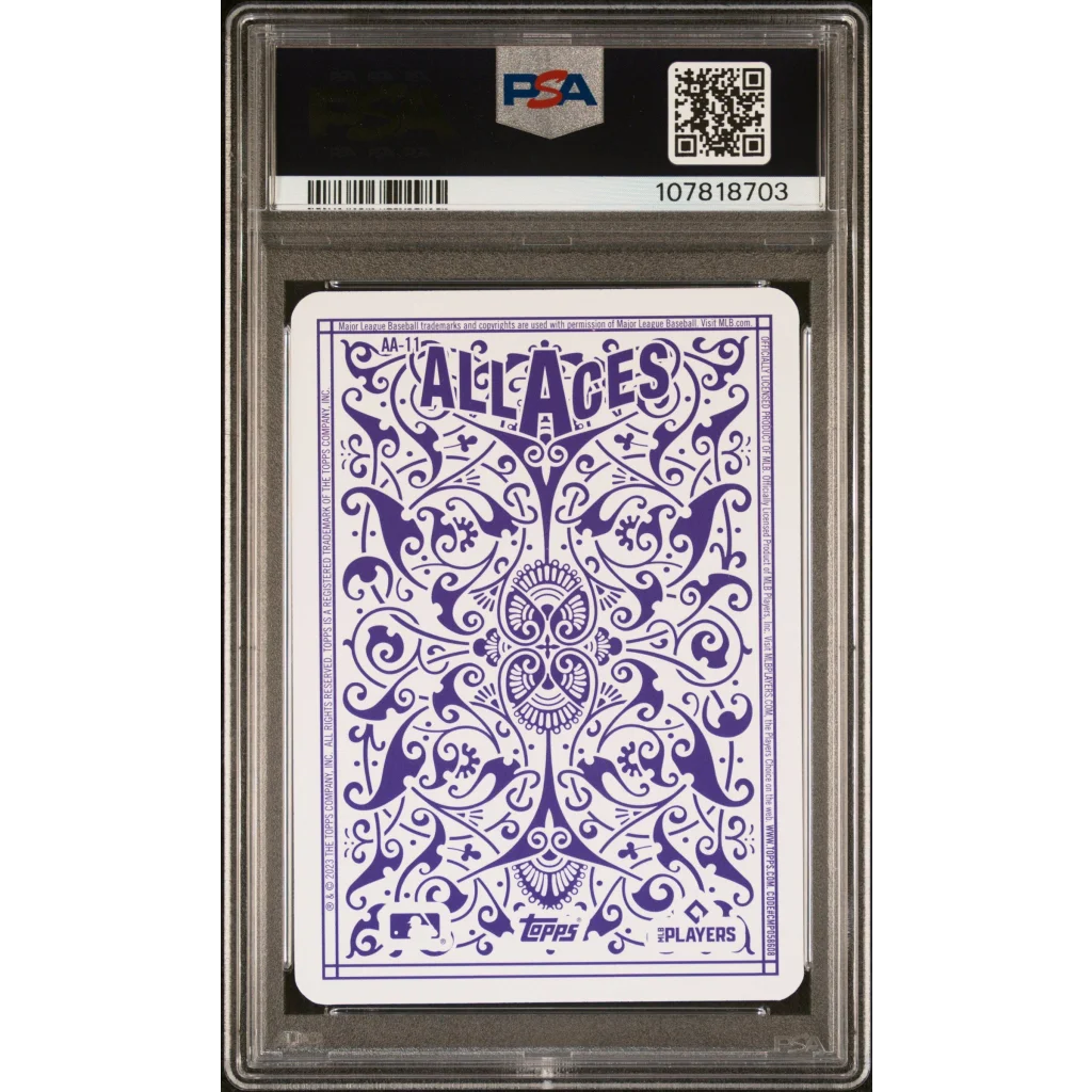 Graded 2023 Topps Shohei Ohtani PSA 10 All Aces back with purple floral bird design