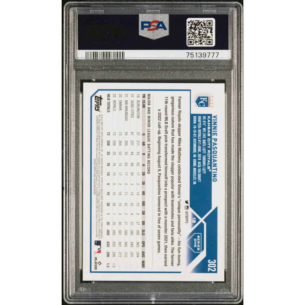 Graded Vinnie Pasquantino 2023 Topps baseball card by PSA, a pro sports authenticator