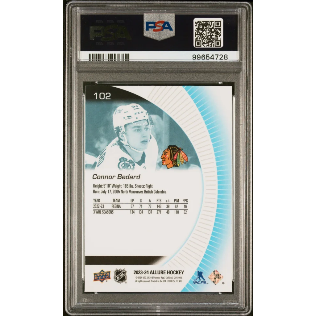 Gem mint Connor Bedard Upper Deck Allure rookie card on display