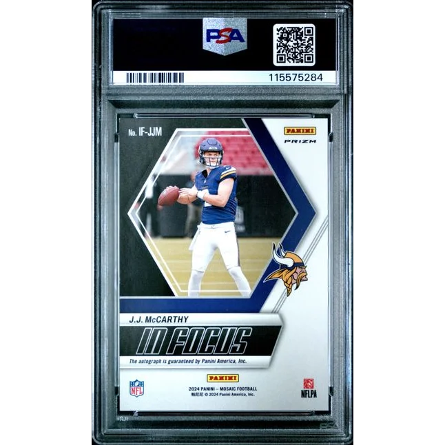 Graded PSA 10 2024 Mosaic JJ McCarthy In Focus Signature Rookie RC Card