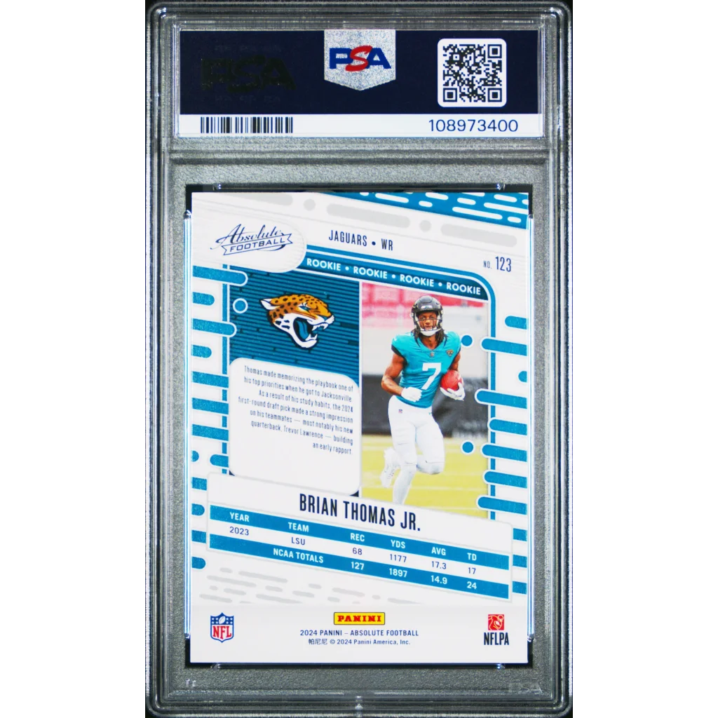 Encapsulated Brian Thomas Jr Absolute Football rookie card in PSA graded case