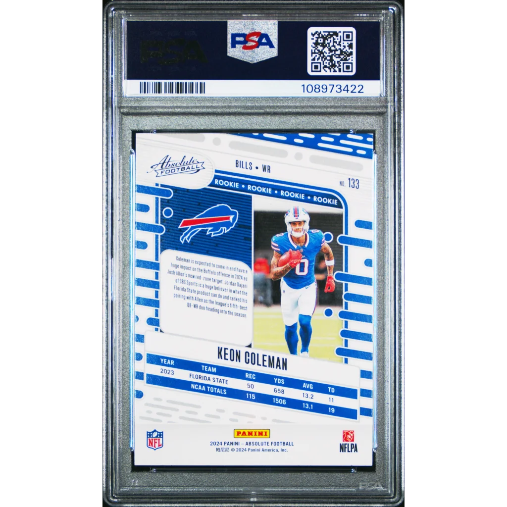 PSA graded Keon Coleman Buffalo Bills rookie football card in red and blue colors