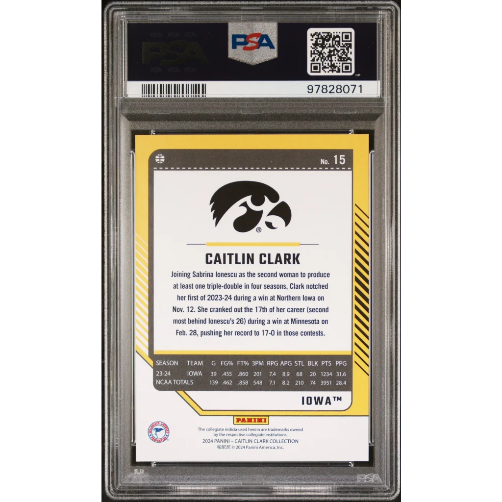Graded 2024 Panini Caitlin Clark Collection Caitlin Clark #15 Donruss Panini Rookie RC Basketball Card PSA 10 Gem Mint | PSA 10 Gem Mint Graded Rookie Card | vintageantiquesgifts.com