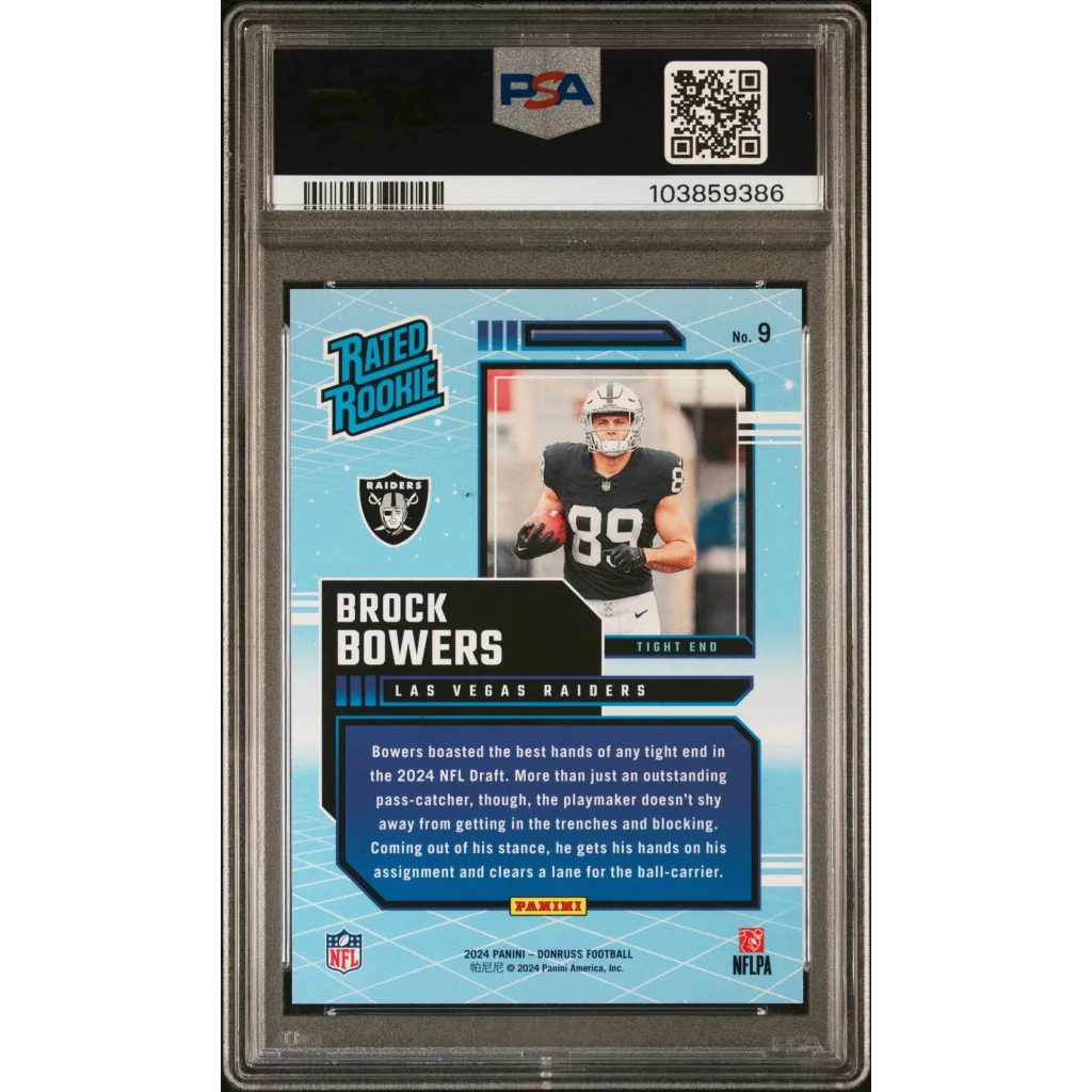 Graded 2024 Panini Donruss Brock Bowers #9 Rated Rookies Retro Rookie RC Football Card PSA 10 Gem Mint | PSA 10 Gem Mint Graded Rookie Card | vintageantiquesgifts.com