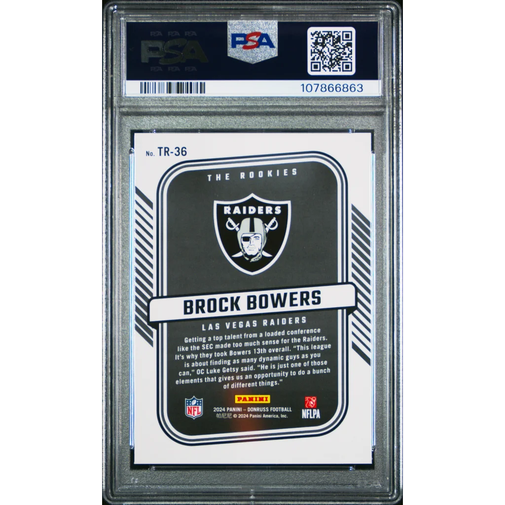 Graded 2024 Panini Donruss Brock Bowers #TR36 The Rookies Rookie RC Football Card PSA 10 Gem Mint